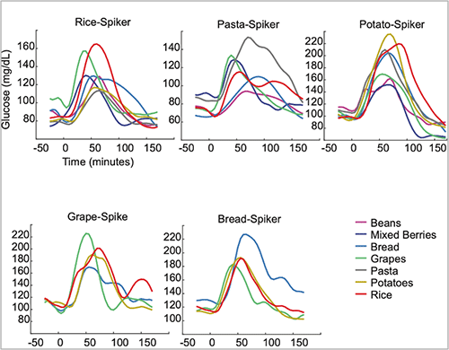 Graphs showing changes in glucose over time in response to different carbohydrate-rich meals. The graphs show spikes in response to rice, pasta, potato, grape, and bread.